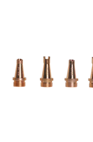 Row of copper-colored nozzle tips with threaded bases on a black background.